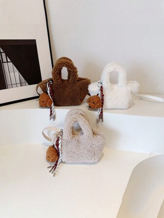 Fashionable Plush Tote Grocery Basket Bag, With Cute Puppy Pendant, Shoulder Bag For Girls, Autumn/Winter New