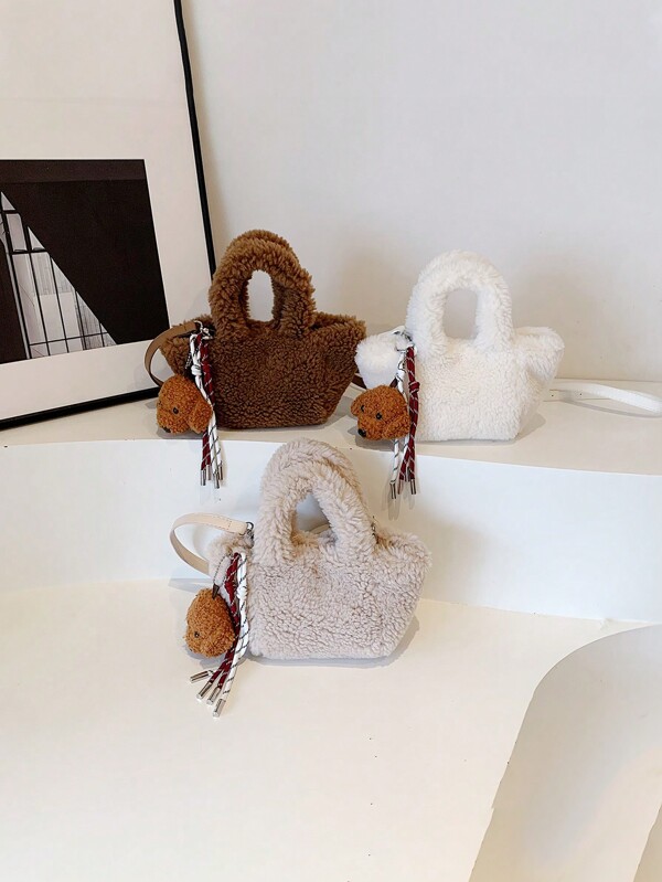 حقيبة تسوق فاخرة من القماش المخملي، مع قلادة جرو جميلة، حقيبة كتف للفتيات، موديل جديد للخريف/الشتاء