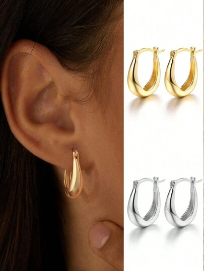 一对925纯银U形耳环，简约优雅，适合日常佩戴、参加派对，也可作为情人节礼物。