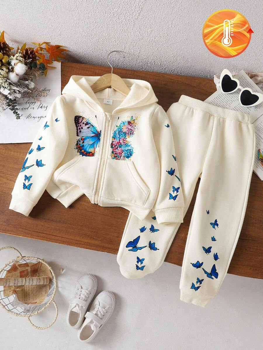 2pcs/Set Young Girl Zip-Up Hooded Butterfly Print Jacket And Pants Set - Apricot - View 1