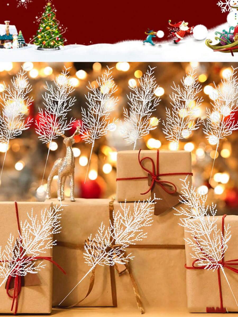 Đồ trang trí Giáng sinh 5 cái/10 cái/20 cái/Đồ trang trí Giáng sinh Mô phỏng Lá bách Giáng sinh Vòng hoa cây thông Noel Phụ kiện trang trí Cành thông trắng Bán buôn