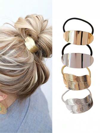 4pcs/Set Boho Style Minimalist Metal Hair Ties - Elastic Metal Ponytail Holder, Glossy Leaf Design Hair Ties, Simple Textured Elastic Hair Clips. Suitable For Women 14+ Years Old, Solid Color Fashion Hair Accessories Gift Ponytail Holders Hair Elastics Hair Rubber Bands Scrunchies Hair Rope, Hair Bobbles