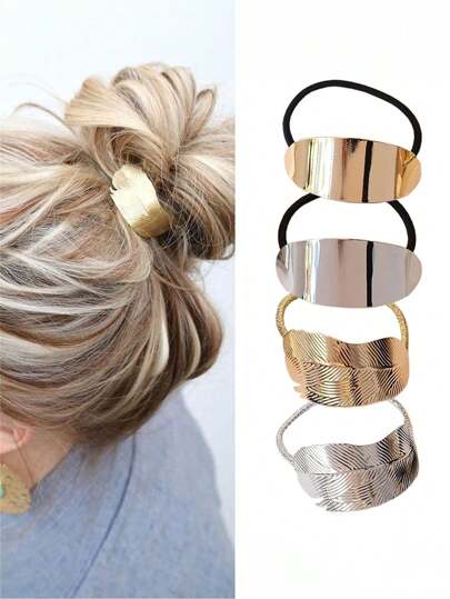 4pcs/Set Boho Style Minimalist Metal Hair Ties - Elastic Metal Ponytail Holder, Glossy Leaf Design Hair Ties, Simple Textured Elastic Hair Clips. Suitable For Women 14+ Years Old, Solid Color Fashion Hair Accessories Gift Ponytail Holders Hair Elastics Hair Rubber Bands Scrunchies Hair Rope, Hair Bobbles Head Accessories Elastic Band