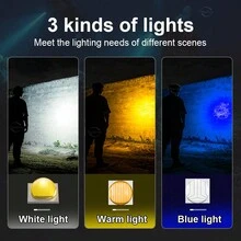 专业大深度潜水手电筒防水等级IPX8强光3色水下工作夜潜手电筒大功率磁控开关操作方便耐腐蚀铝合金手电筒适用于水下洞穴探险、船舶工业、水产养殖搜索手电筒 - 黑色 - 查看 6