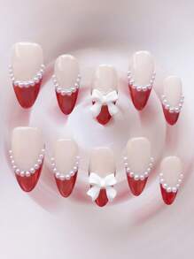 10pcs Pure Handmade Medium Size Press-On Nails Almond, Simple Style Nails, White Nails French Tip Nails, Three-Dimensional Pearl Bow Nail Decorations, Mother-Of-Pearl Threaded Nail Adhesive, Gel Nail Sets, Spring Nails, Summer Nails, Fake Nails For All Occasions With Clothes To Use, Nail Art, 2025 New Nails, Nails Press On, European And American Nails, Modern Japanese Nails - Red - View 3