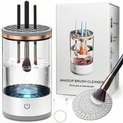 Limpiador de brochas de maquillaje, nueva actualización 2025 de 2 en 1 Limpiador y secador eléctrico de brochas de maquillaje con USB, a prueba de agua, incluye soporte de almacenamiento, modelo recargable/con enchufe, limpiador eléctrico de brochas cosméticas con giro automático para una limpieza profunda con alfombrilla de limpieza de brochas, apto para todo tipo de brochas de maquillaje, sombras de ojos, rubor, adecuado para brochas de maquillaje de todos los tamaños y estilos