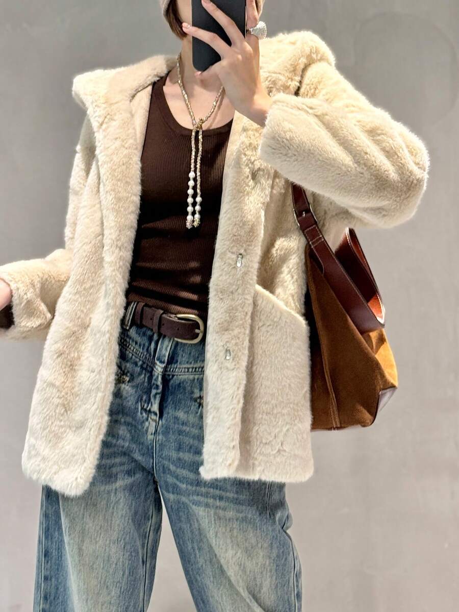 女士纯色前扣长袖休闲连帽蓬松夹克 - 米色 - 查看 1