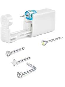 AVYRING 4-10Pcs Nose Piercing Kit With Silver Gold Nose Stud, 1Pack Nose Piercing Gun, Disposable Nose Piercing Kit With Straight L-Shape Nose Rings Stud White CZ Nose Piercings Gun Kit Tool
