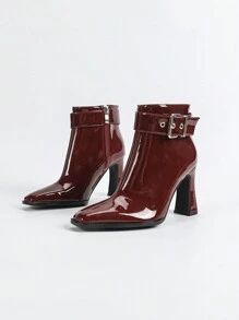 Women's Fashionable Comfy Elegant Versatile Burgundy Buckle Thick Heel Square Toe Ankle Boots