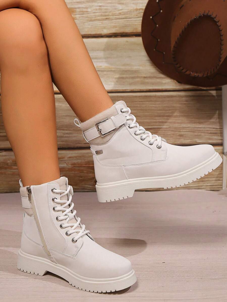 Women's Autumn/Winter Tie Up Side Zipper Short Boots, Fashionable Color Block Casual Work Wear High Top Boots With British Style - Beige - View 1