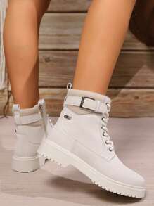 Women's Autumn/Winter Tie Up Side Zipper Short Boots, Fashionable Color Block Casual Work Wear High Top Boots With British Style - Beige - View 5