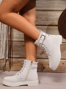 Women's Autumn/Winter Tie Up Side Zipper Short Boots, Fashionable Color Block Casual Work Wear High Top Boots With British Style - Beige - View 4