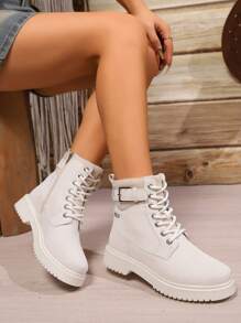 Women's Autumn/Winter Tie Up Side Zipper Short Boots, Fashionable Color Block Casual Work Wear High Top Boots With British Style - Beige - View 2