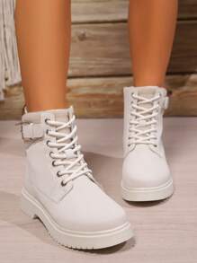 Women's Autumn/Winter Tie Up Side Zipper Short Boots, Fashionable Color Block Casual Work Wear High Top Boots With British Style - Beige - View 3