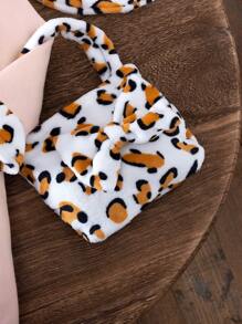 3 件套年轻女孩时尚休闲蝴蝶结豹纹拼布长袖连衣裙 + 配套帽子 + 包