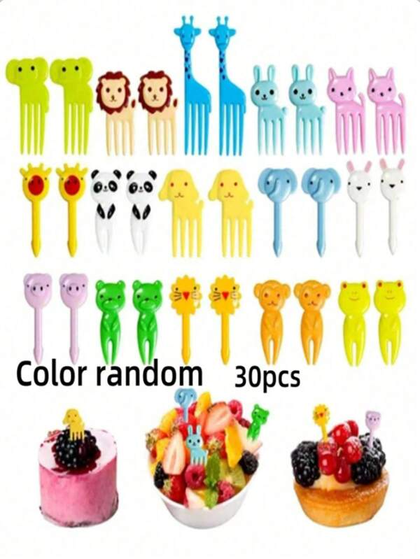30pcs/Set Cartoon Fruit Fork, Cute Animal Design Plastic Fruit Fork Set For Kids Lunch Box Christmas Gift