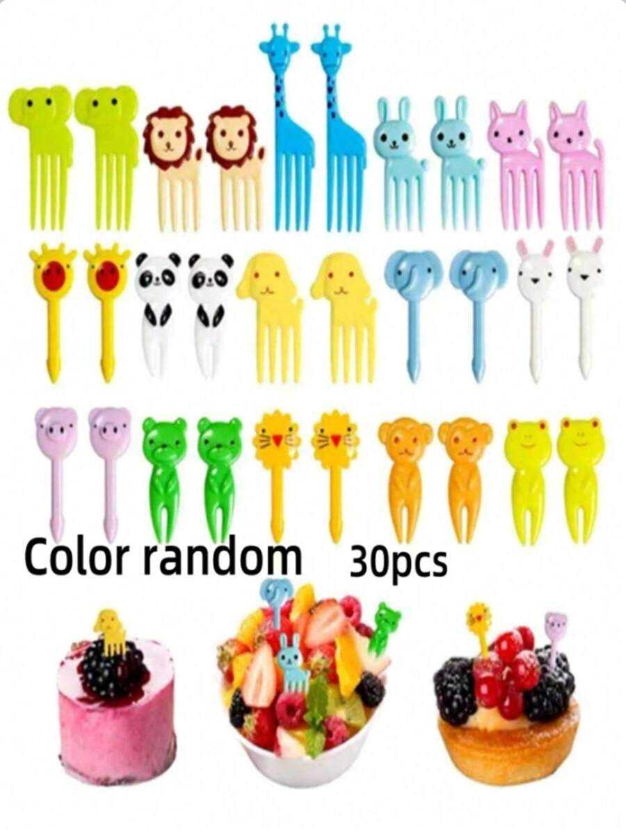 30 件/套卡通水果叉，可爱动物设计塑料水果叉套装儿童午餐盒圣诞礼物 - 彩色 - 查看 1