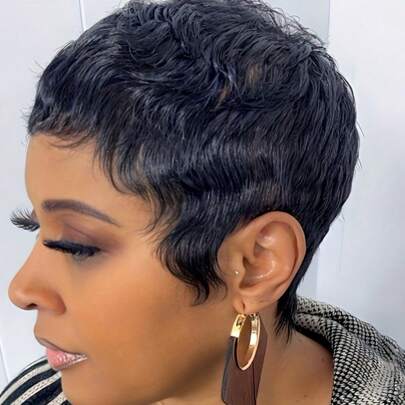 4 英寸女士短发真人假发，带刘海，全机织假发