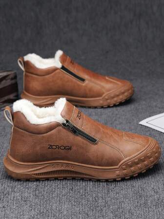 Men's Snow Boots, New Winter Men's Outdoor Wear Slip-On No Lace Thick Sole Non-Slip Wear-Resistant Fur Lining Thick Warm Short Boots, Young Fashion Outdoor Personalized Street Photography Cold-Resistant, Men's Leather Face Waterproof Dirt-Resistant Solid Color Black Fur Shoes, Men's Letter Print Leather Patchwork Side Zipper Multi-Color Versatile Workwear Boots, Comfortable Artificial Fur Lining Warm Thick Outdoor Snow Boots, Men's Outdoor Holiday Travel Comfortable Flat Non-Slip Wear-Resistant Simple Outdoor Cold-Resistant Warm Short Boots