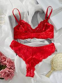 Lace Trim Sexy Lingerie Set For Women For Rave For Going Out, Baddie Look - Red - View 5