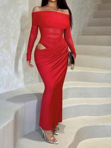 WOWDARK Summer Dress, Red Elegant Off-Shoulder Mesh Hollow Out Slim Fit Dress, Formal Party Gown For Women, Suitable For Valentine's Day, Date, Gathering, Party, Travel, Vacation, Beach - Red - View 3