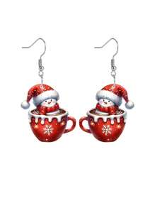 1 对时尚红色咖啡杯雪人亚克力耳环女士潮流耳环圣诞耳环节日派对耳环珠宝配饰圣诞礼物 - 紅色 - 查看 8