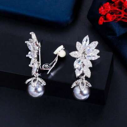 SEQUITO 2Pcs Sparkly AAAAA Cubic Zirconia Long Leaf Shape With Unique Grey Faux Pearl Drop Clip Earrings Jewelry For Women Without Piercing