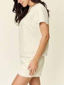 Women's Casual Two-Piece Set Loose-Fit Short Set Relaxed Style 2-Piece Outfit Solid Color Textured Knit Fabric Short Sleeves Loose Fit Crew Neckline Drawstring Waist Short With Pockets Summer Season Soft And Breathable Perfect For Lounge Wear - 白色 - 查看 2