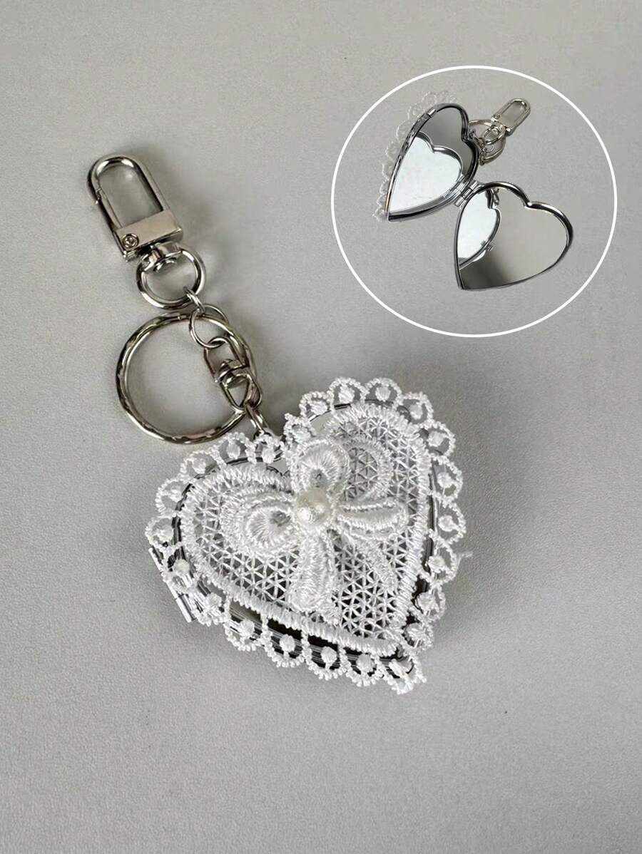 1 chiếc túi ren hình trái tim, mặt dây chuyền gương nơ, móc khóa đa năng dễ thương, trang trí túi, phụ kiện móc khóa, quà tặng nhỏ cho ngày lễ tình nhân - trắng - Xem 1