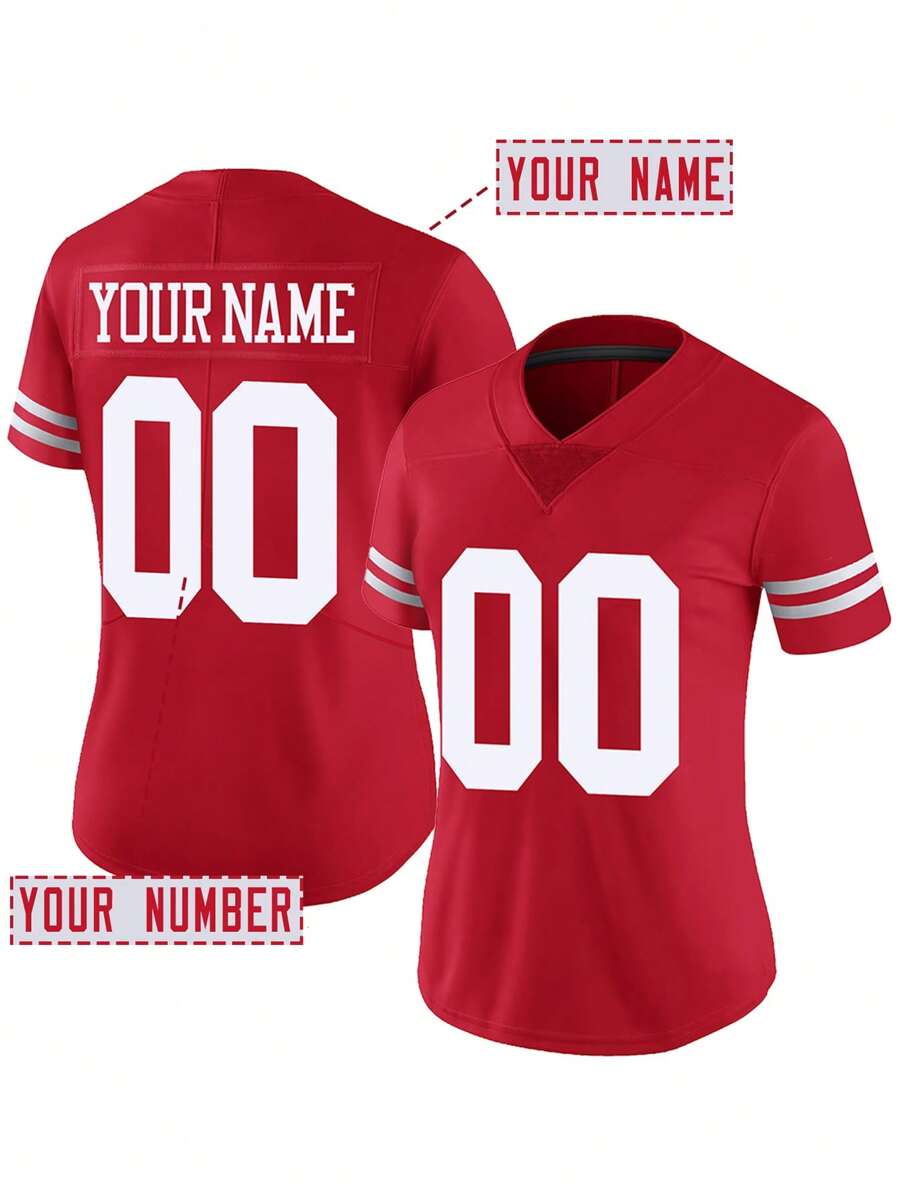 Jersey de fútbol americano bordado con nombre y número personalizado para mujer, camiseta de cuello en V de San Francisco 49ers de manga corta personalizada, adecuada para fiestas, partidos, entrenamiento, competición y otras ocasiones, talla personalizada S-XXL, moda, hip-hop, casual, minimalista, personalizado, único, ropa de hombre, armario cápsula, ropa básica/urbana de hombre, regalo ideal para él, novio, familia, amigos, adecuado para cumpleaños, vacaciones, escuela/partido, deportes/escalada, etc. Verano - Rojo - Ver 1