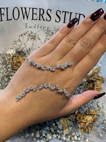 1pc Silver Cubic Zirconia Geometric Bracelet, Versatile Wear, Heavy Set With Zirconia Leaves Decor Wrist Jewelry Halloween - Silver - View 1