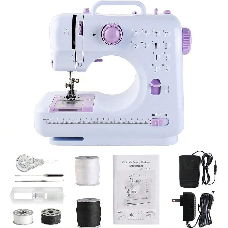 Máquina de coser mini para máquinas de coser portátiles con 12 patrones de puntada incorporados, ligera, pedal de pie de 2 velocidades - Morado