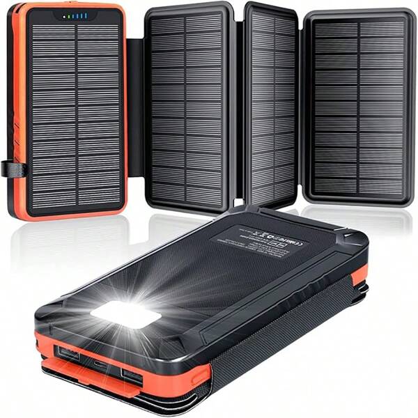 Solar Powerbank 26800mAh, elzle Solar Ladegerät mit 2 USB-A Ausgang & 1 USB-C Eingang, Outdoor Wasserfester Externer Akku mit 4 Solarpanels und Taschenlampe für Smartphones Tablets Camping