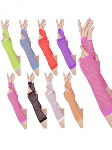 1pair Bright Color Coarse Mesh Fishnet With Elastic Gloves, Sexy Bridal Long Gloves, Punk Half-Finger Nightclub Party Etiquette Gloves, Suitable For Cos Clothing With Corresponding Colors.