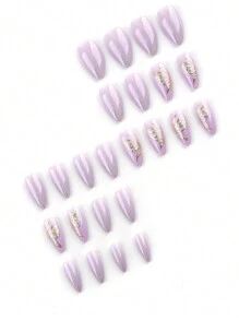 Bộ móng nghệ thuật ngày Valentine, 24 móng hình hạnh nhân cỡ trung bình, phong cách Pháp tối giản lãng mạn màu tím vàng nhạt với họa tiết bướm Aurora, kết hợp với các hạt kim tuyến cầu vồng lấp lánh, bộ móng giả kiểu ballerina thanh lịch, phủ kín toàn bộ móng, thêm nét lãng mạn cho vẻ ngoài của bạn. Thích hợp cho những buổi hẹn hò hàng ngày mùa đông và trang trí móng cho Lễ Tạ ơn. - Màu tím hoa cà - Xem 4