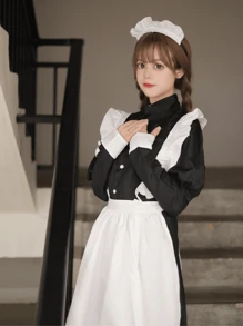 Women's Classic Maid Long Dress Black And White Apron Butler Role Playing Costume Uniform Halloween - Multicolor - View 5