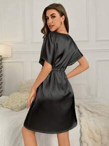 Women's Silk Satin Nightgown, Summer Sexy Batwing Sleeve Drawstring Home Dress, Women's Ice Silk Nightgown, Mature Style - 黑色 - 查看 2