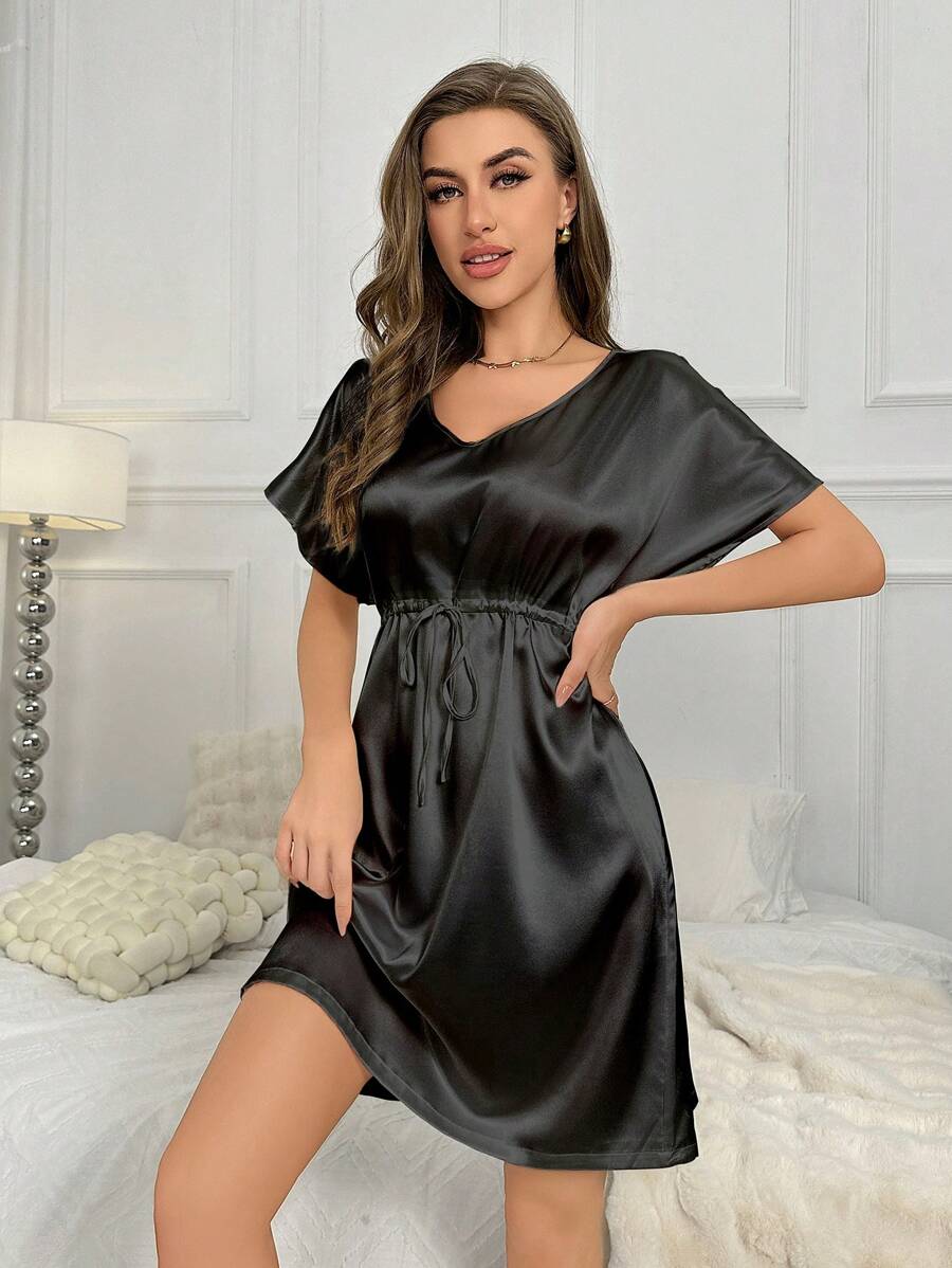 Women's Silk Satin Nightgown, Summer Sexy Batwing Sleeve Drawstring Home Dress, Women's Ice Silk Nightgown, Mature Style - 黑色 - 查看 1