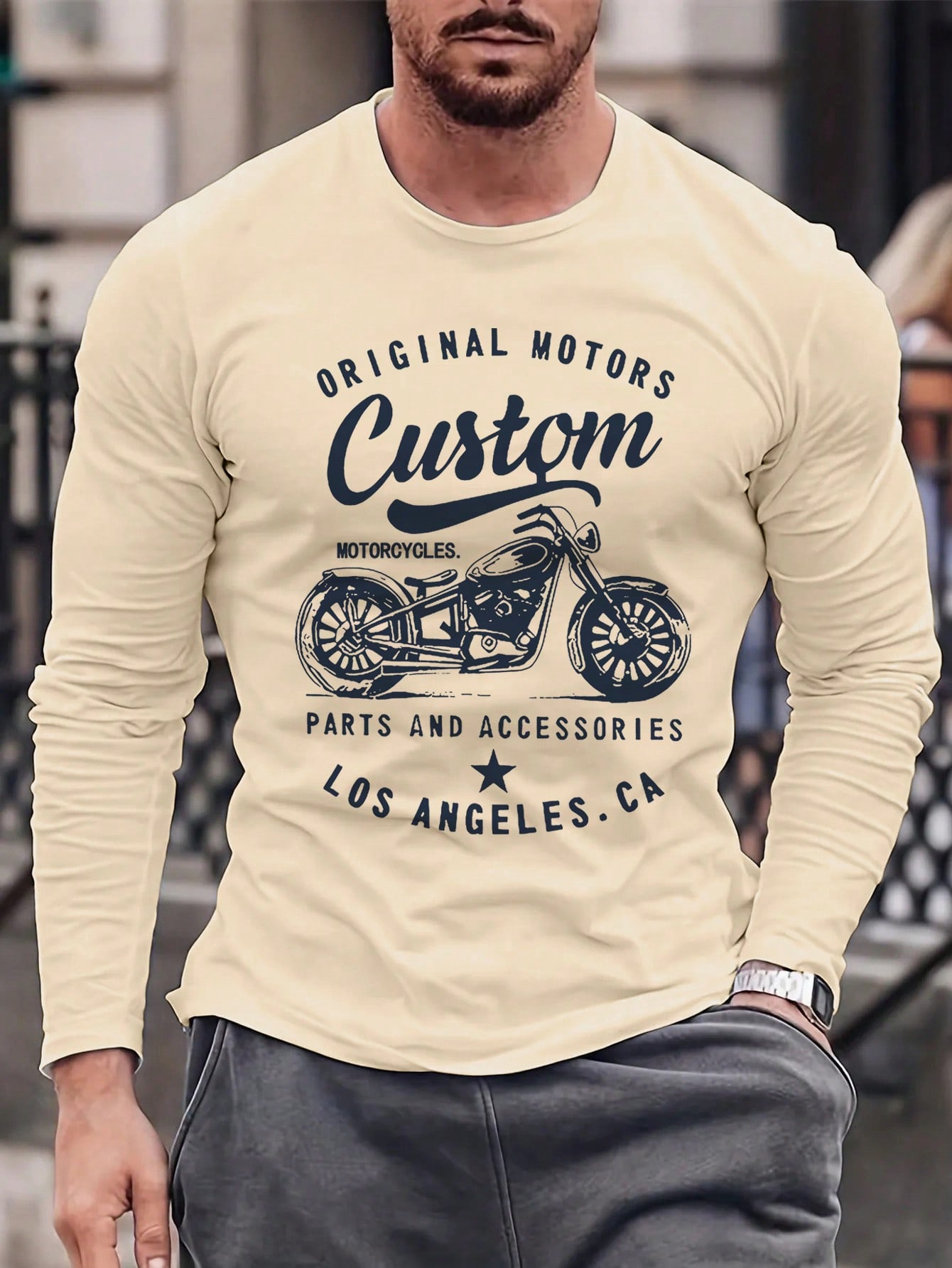Men's Casual Round Neck Letter & Motorcycle Print Long Sleeve T-Shirt