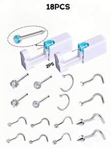 18 件/套无菌鼻穿孔套装，一次性低痛鼻钉枪，内置鼻钉，粉色/白色/黑色/紫色/青绿色/红色，20G 8 件混合不锈钢鼻环套装，穿孔美容工具及配件，适用于男士、女士、学生 - 銀色 - 查看 13