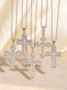 1pc European & American Rhinestone Hip Hop Style Pendant Necklace Vintage Copper Rhinestone Cross Choker Necklace Titanium Steel Necklace Pendant, Everyday Wear