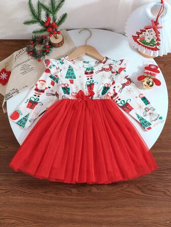 Baby Girl Christmas Cute Festive Print Contrast Mesh A-Line Dress, Waist Bow Decor