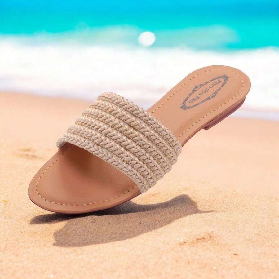 Women's Caribbean Slide Flat Sandal, Handmade Flat Sandal - Màu be - Xem 1