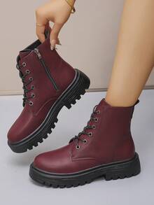 1 Paar Damenstiefel für Herbst/Winter, Stiefel mit rundem Zeh, Schnürung, Lederoberseite, wasserdicht, seitlicher Reißverschluss, leicht, rutschfeste dicke Sohle, Schnallengurt schwarze Knöchelstiefel