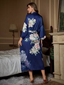 Women's Kimono Robe Long Satin Robe Floral Robe Kimono Bathrobe Nightgown - Xanh đậm - Xem 2