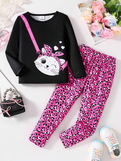 年轻女孩 2 件套可爱简约春秋装 - 针织黑色长袖上衣搭配可爱猫咪斜挎包印花和全印花粉色豹纹松紧腰裤，户外个性化时尚儿童柔软舒适春装
