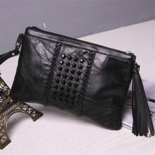 Luxurious Soft Leather Fringe & Rivet Decor Clutch Bag, Personalized Stitching Crocodile Pattern Envelope Shoulder Bag For Women - Black - View 2