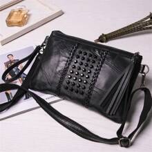 Luxurious Soft Leather Fringe & Rivet Decor Clutch Bag, Personalized Stitching Crocodile Pattern Envelope Shoulder Bag For Women - Black - View 6