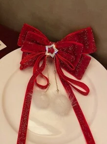 1 pezzo Fermaglio per capelli con fiocco e nappine rosse, Fermaglio per capelli con alligatore e strass, Decorazione per coda di cavallo con stelline di velluto, adatto per il Ringraziamento, il Capodanno cinese e altre festività come San Valentino