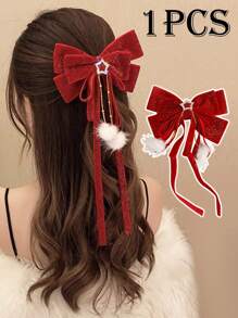 1 pezzo Fermaglio per capelli con fiocco e nappine rosse, Fermaglio per capelli con alligatore e strass, Decorazione per coda di cavallo con stelline di velluto, adatto per il Ringraziamento, il Capodanno cinese e altre festività come San Valentino